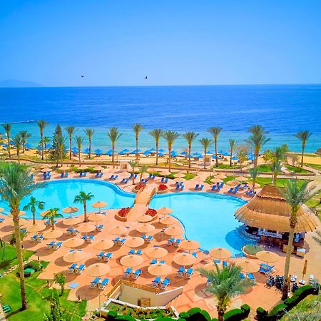 فندق رويال جراند شرم ريزورت شرم الشيخ المظهر الخارجي الصورة The photo depicts a picturesque resort scene by the sea. In the foreground, there is a large, inviting swimming pool surrounded by lounge chairs and umbrellas. Palm trees are strategically placed around the pool area, adding to the tropical atmospher